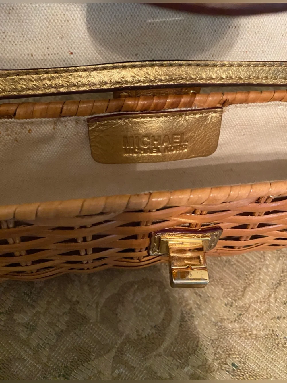 Michael Kors Santorini Straw Clutch Gold Top and Tan Woven